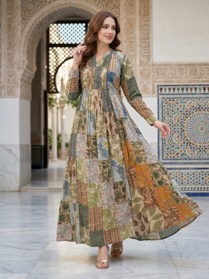 Earthy Patchwork Print Flared Maxi