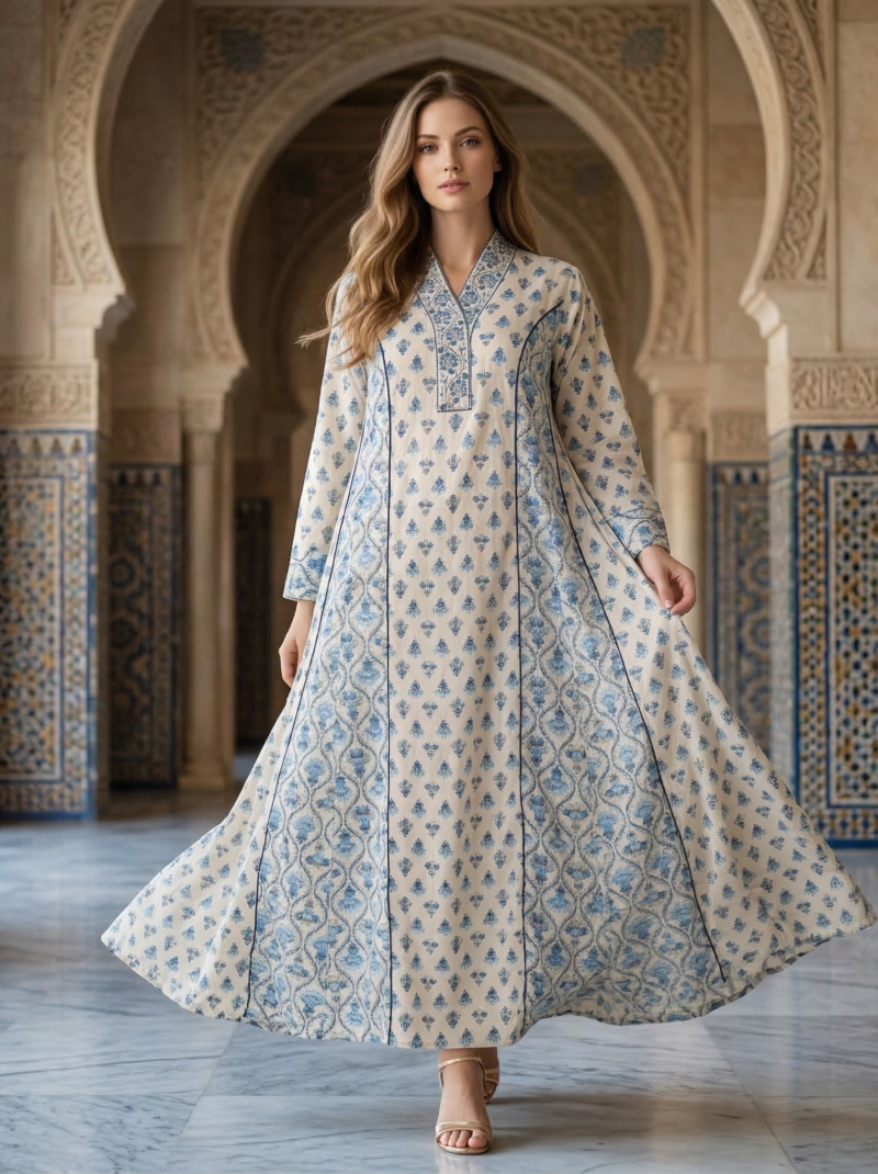 Blue Motif Paneled A-Line Dress