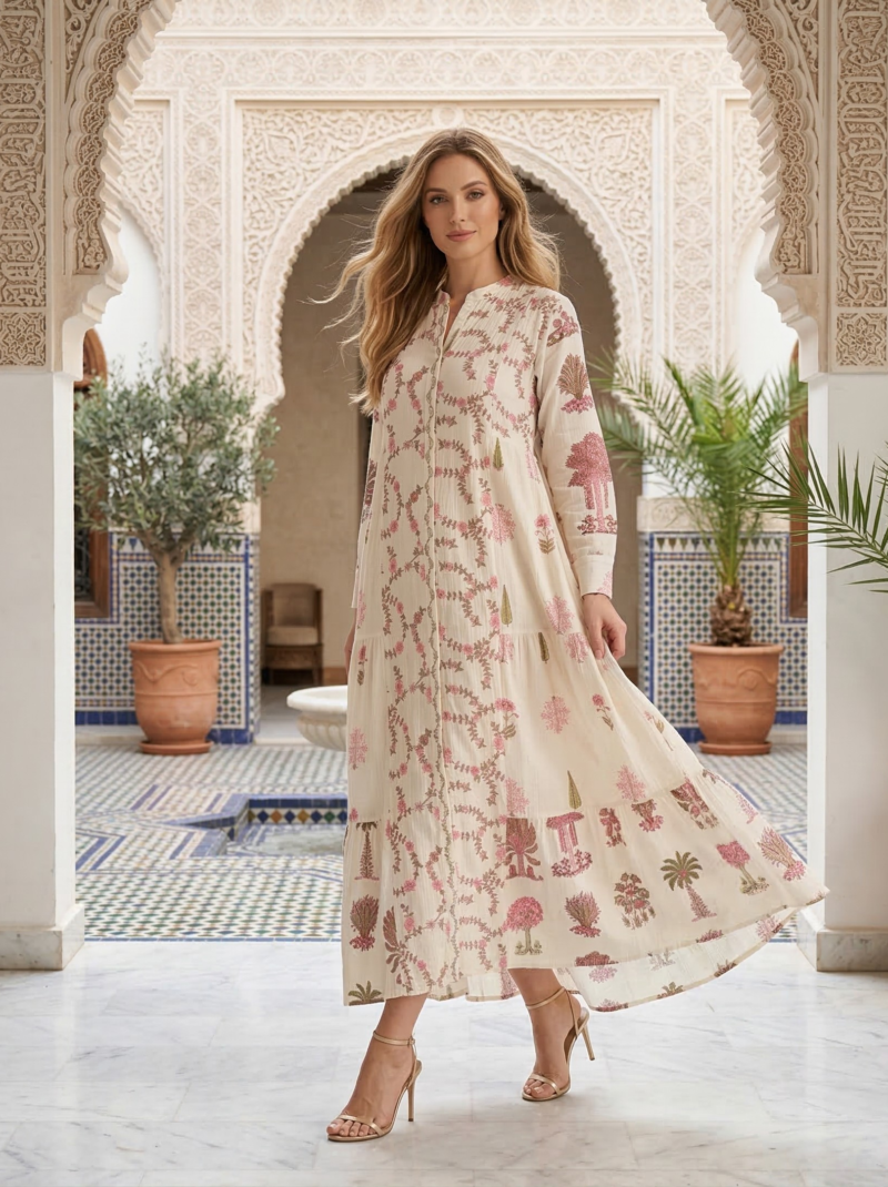 Cream Botanical Motif Tiered Maxi