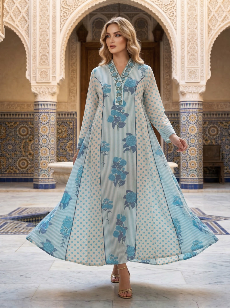 Sky Blue Floral Block Print A-Line