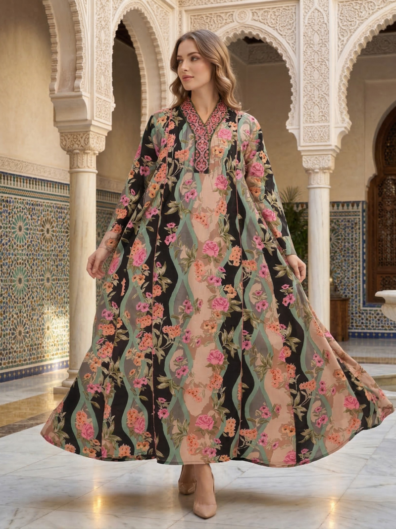 Black Chevron Floral Flared Maxi