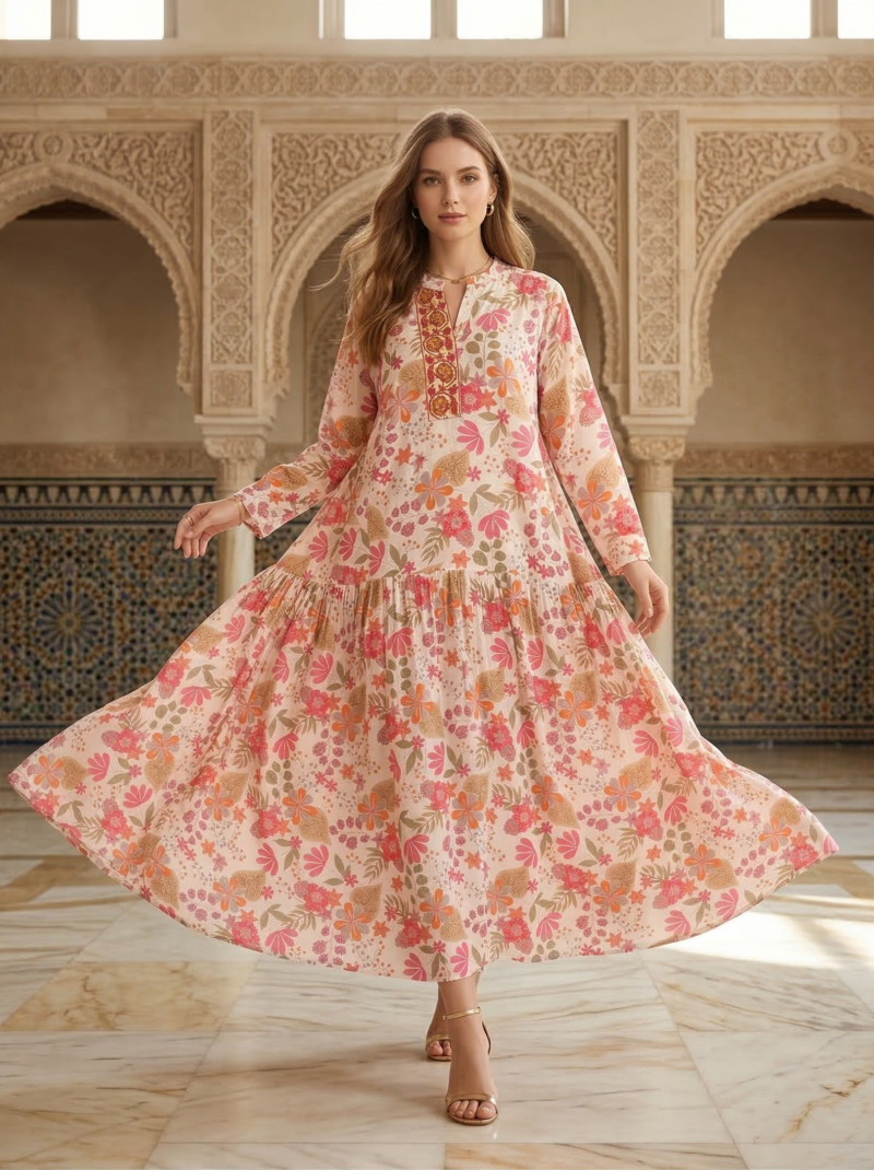 Peach Blossom Flared Tiered Dress