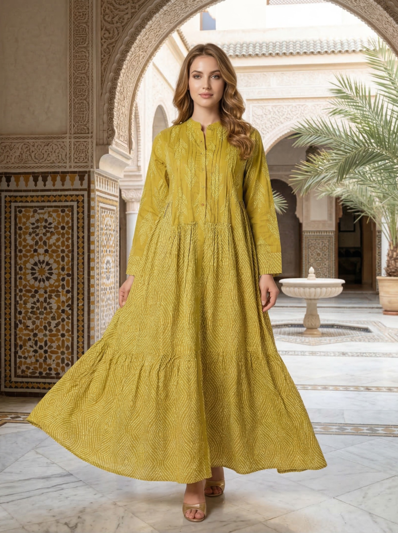 Olive Green Bandhani Print Tiered Maxi