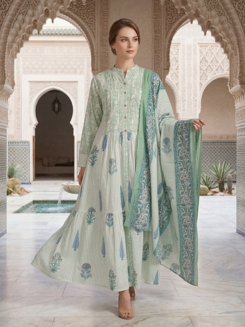 White Motif Print Maxi with Dupatta