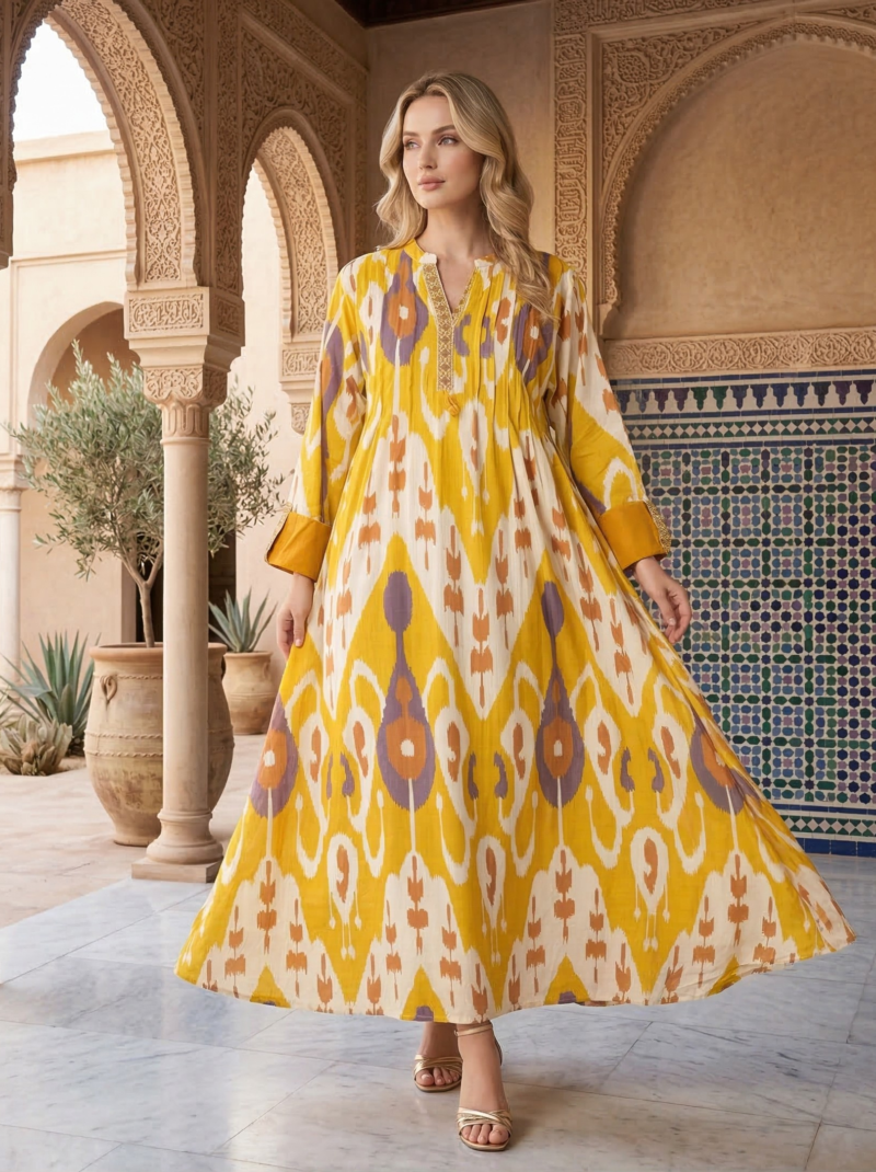 Vibrant Mustard Ikat Print Maxi