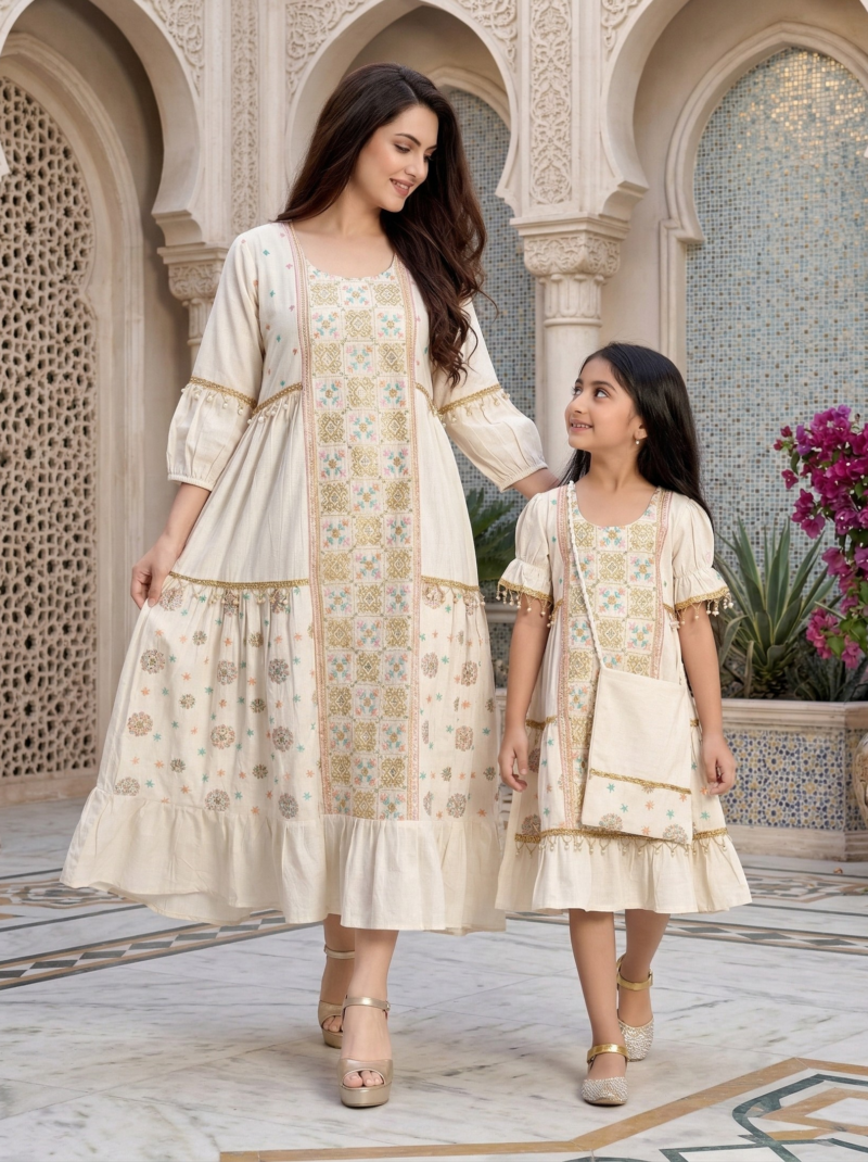 Gold Motif Embroidered Mom & Mini Set
