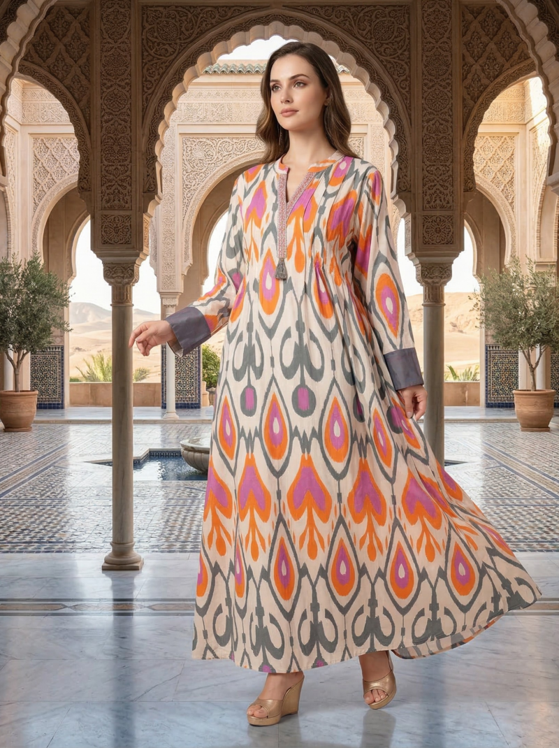 Grey & Orange Abstract Ikat Dress