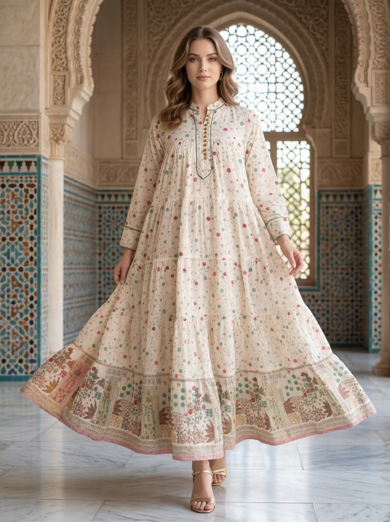 Cream Delicate Floral Tiered Maxi