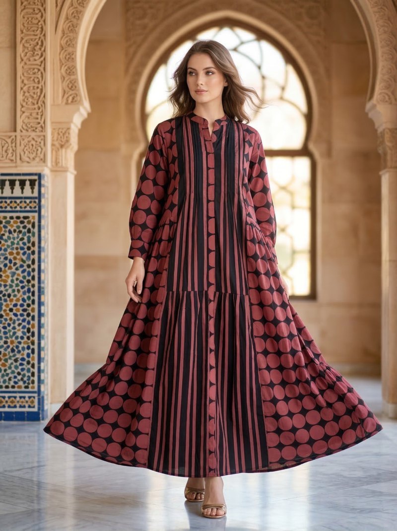 Maroon Polka & Stripe Flared Dress