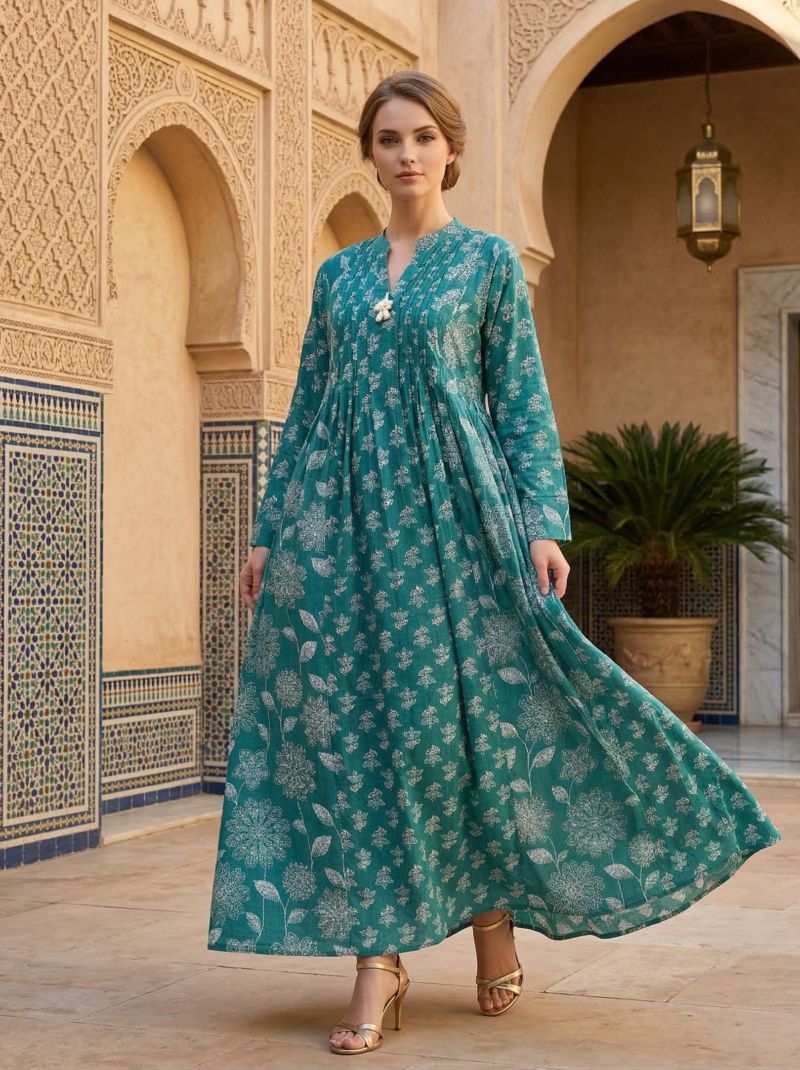 Teal Floral Block Print Pleated Maxi