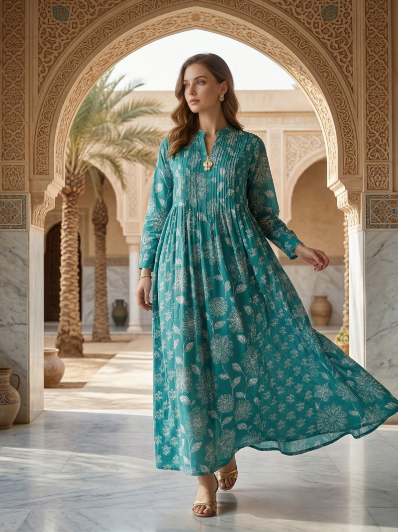 Aqua Floral Gathered Maxi Dress