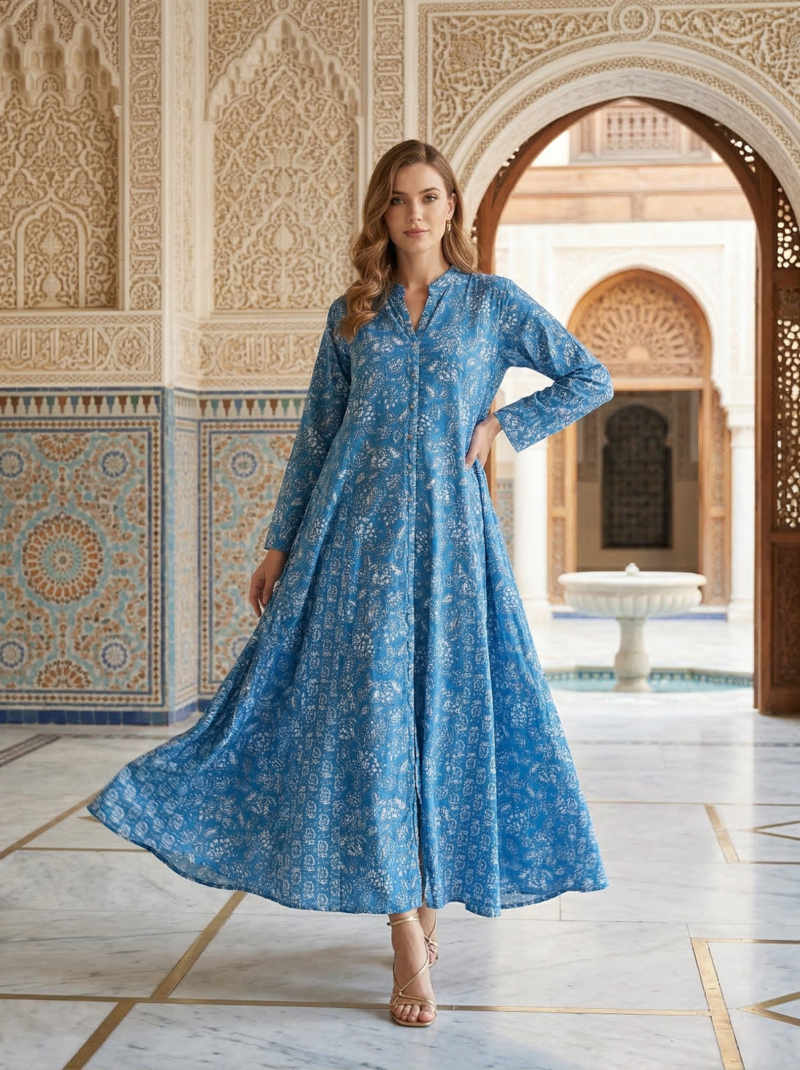 Blue Botanical Flared Maxi Dress