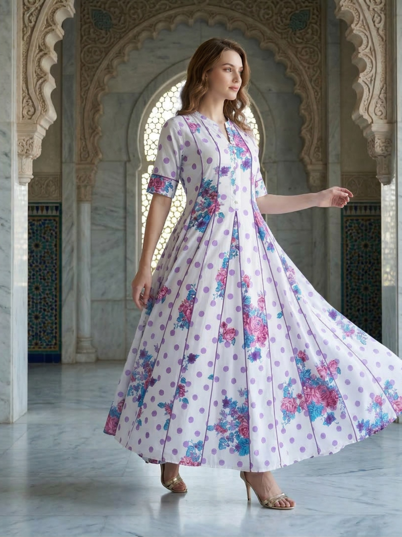 White Polka & Floral Flared Dress