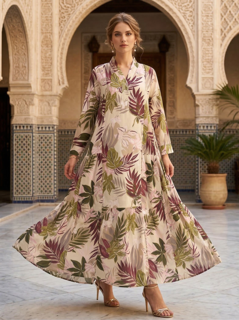 Cream Tropical Leaf Tiered Maxi