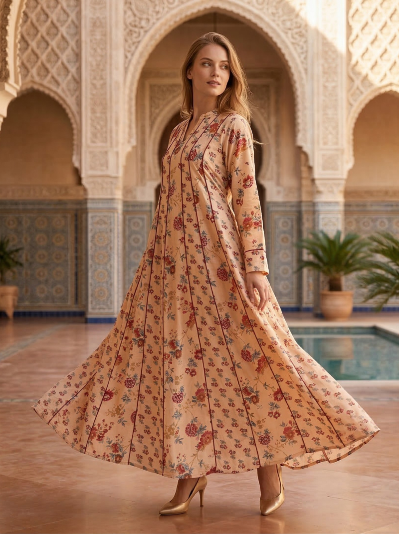 Peach Floral Paneled Flared Dress