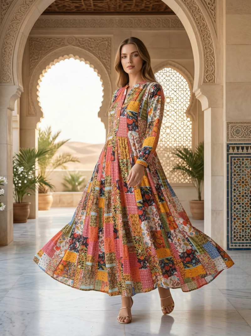 Sunset Patchwork Flared Maxi Dress