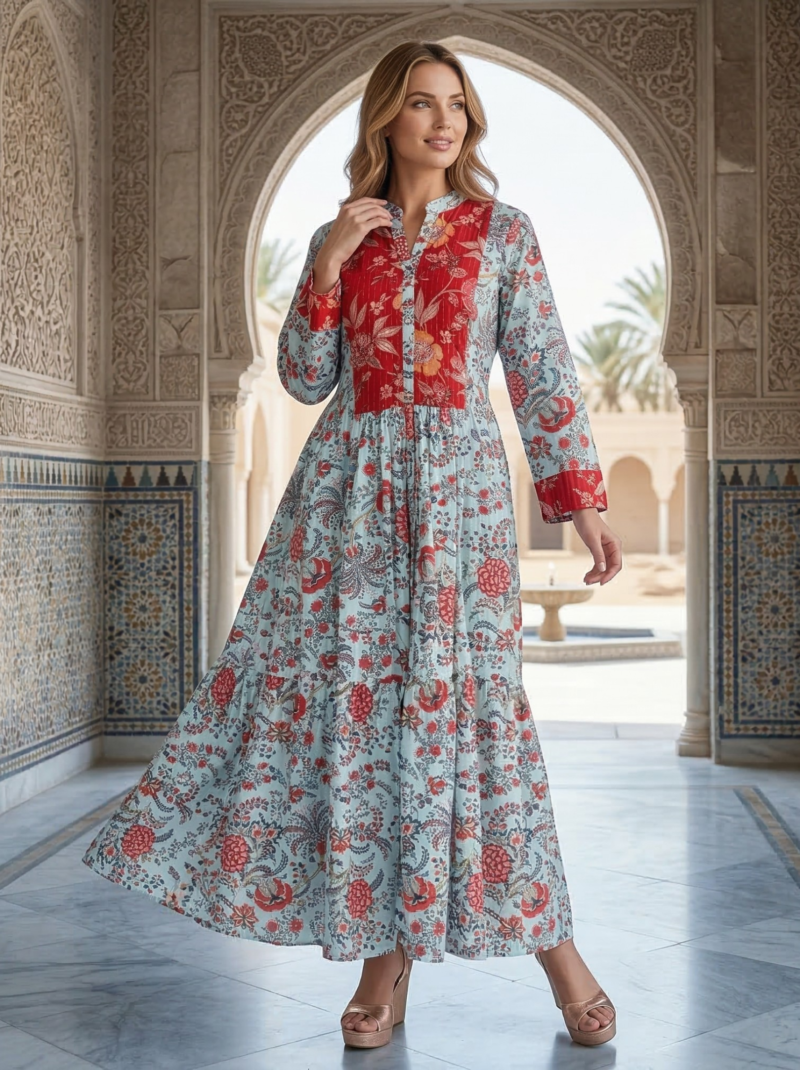 Light Blue & Red Floral Tiered Maxi