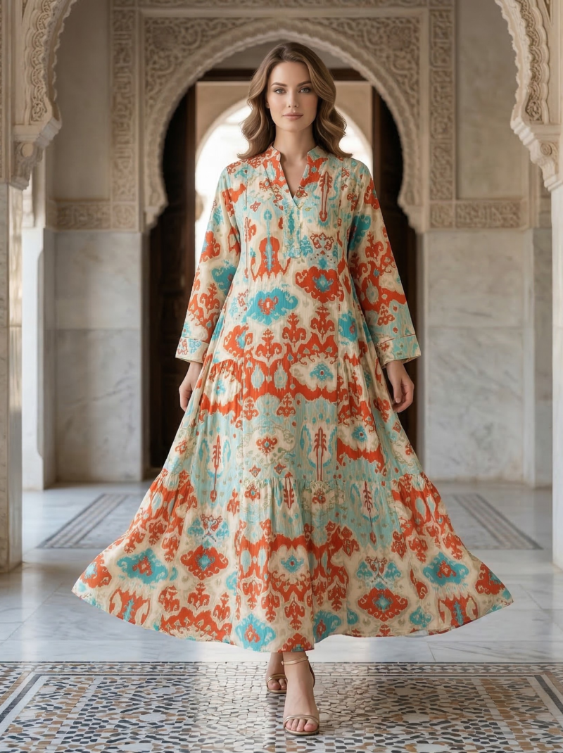 Vibrant Abstract Ikat Tiered Maxi