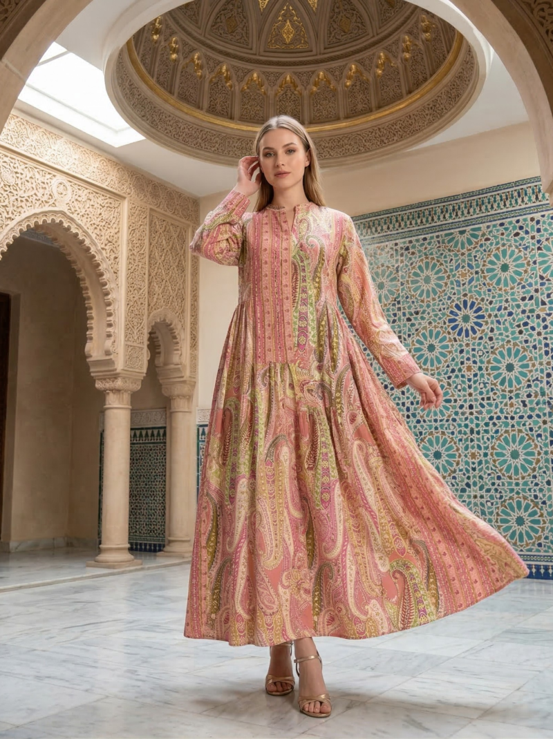 Warm Paisley Gathered Maxi Dress