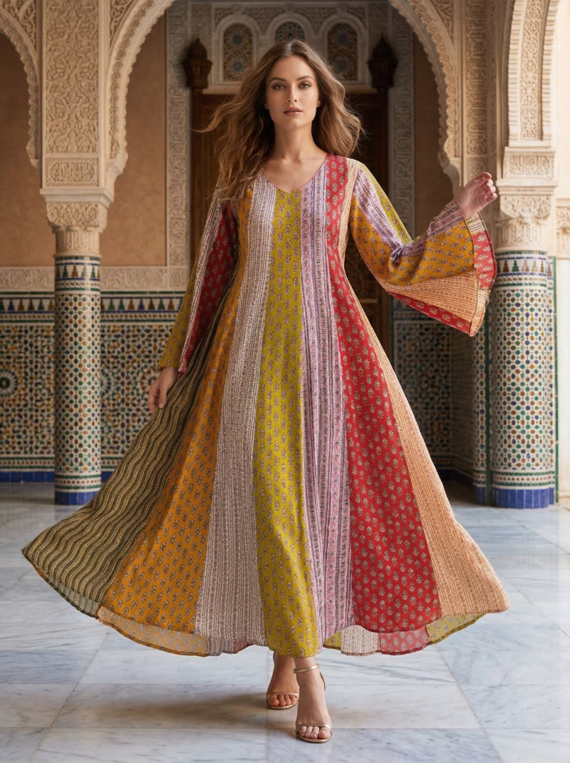 Vibrant Vertical Patchwork Flared Dress