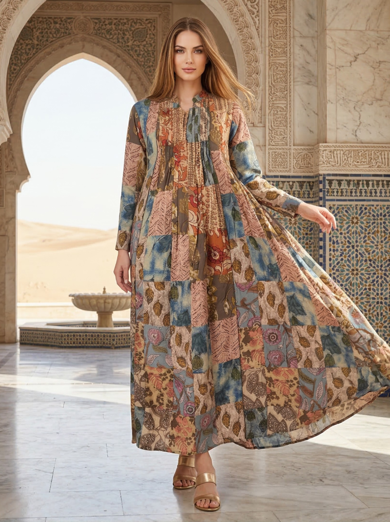 Earthy Patchwork Gathered Maxi