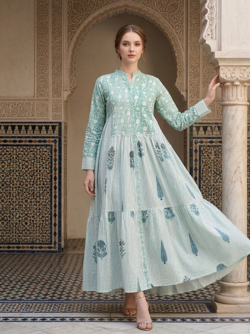 Mint Striped Botanical Tiered Dress