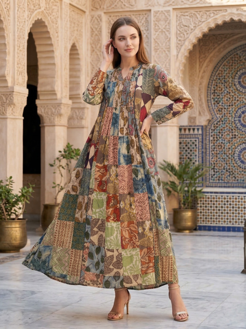 Rustic Patchwork Pleated Maxi Dress