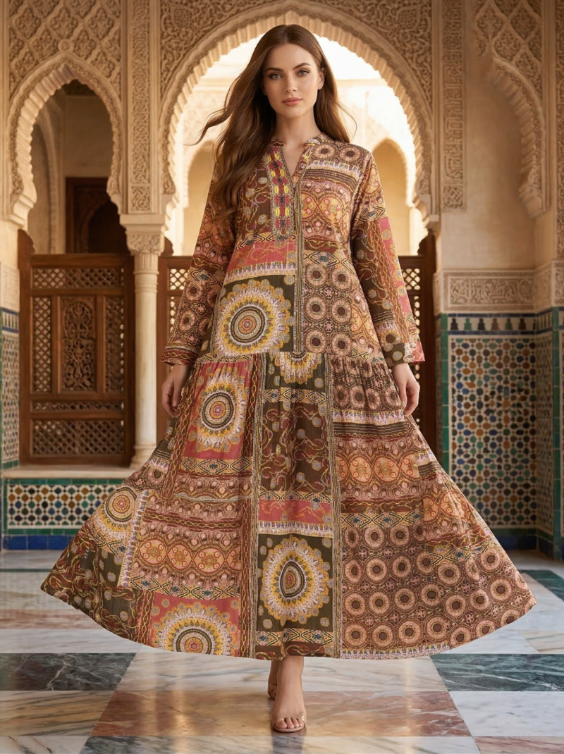 Rust Mandala Print Tiered Maxi