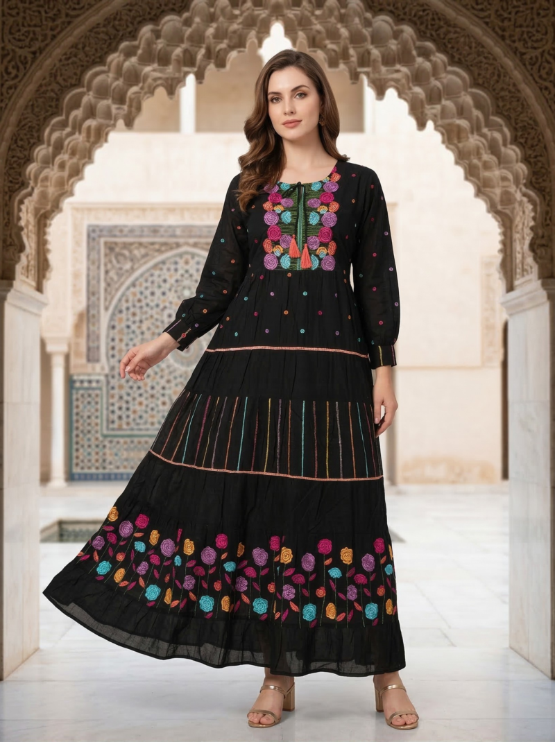Black Embroidered Floral Maxi Dress