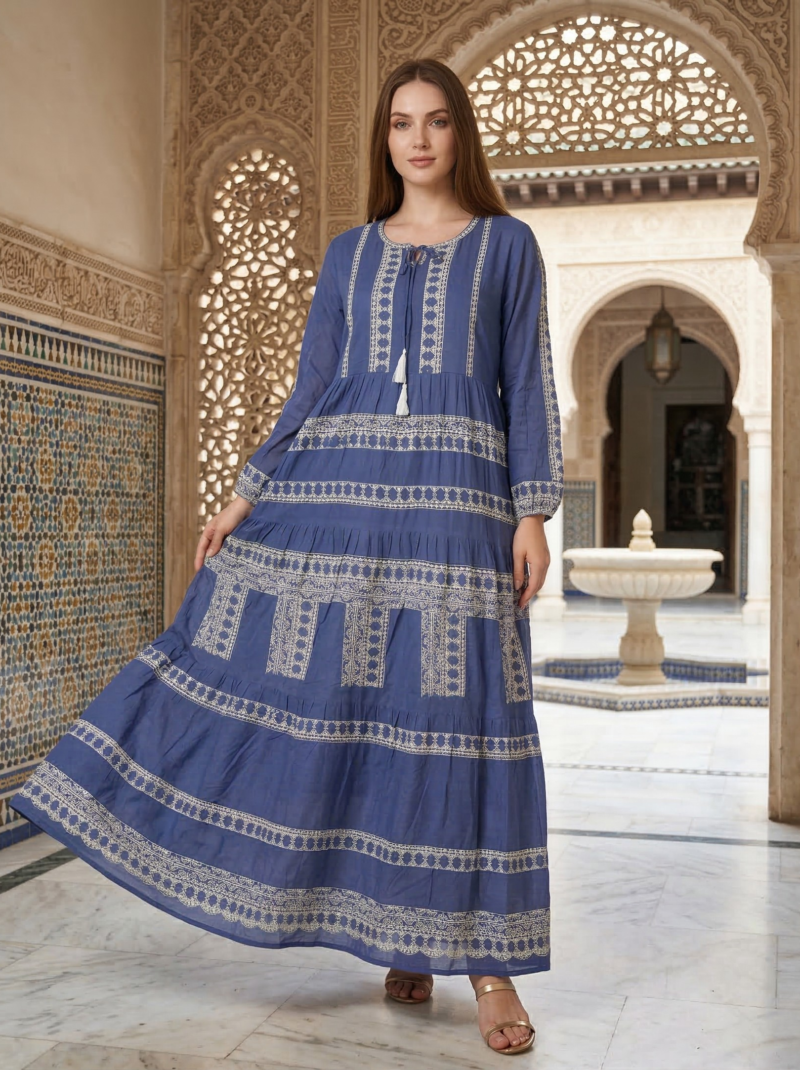 Indigo Blue Geometric Tiered Maxi