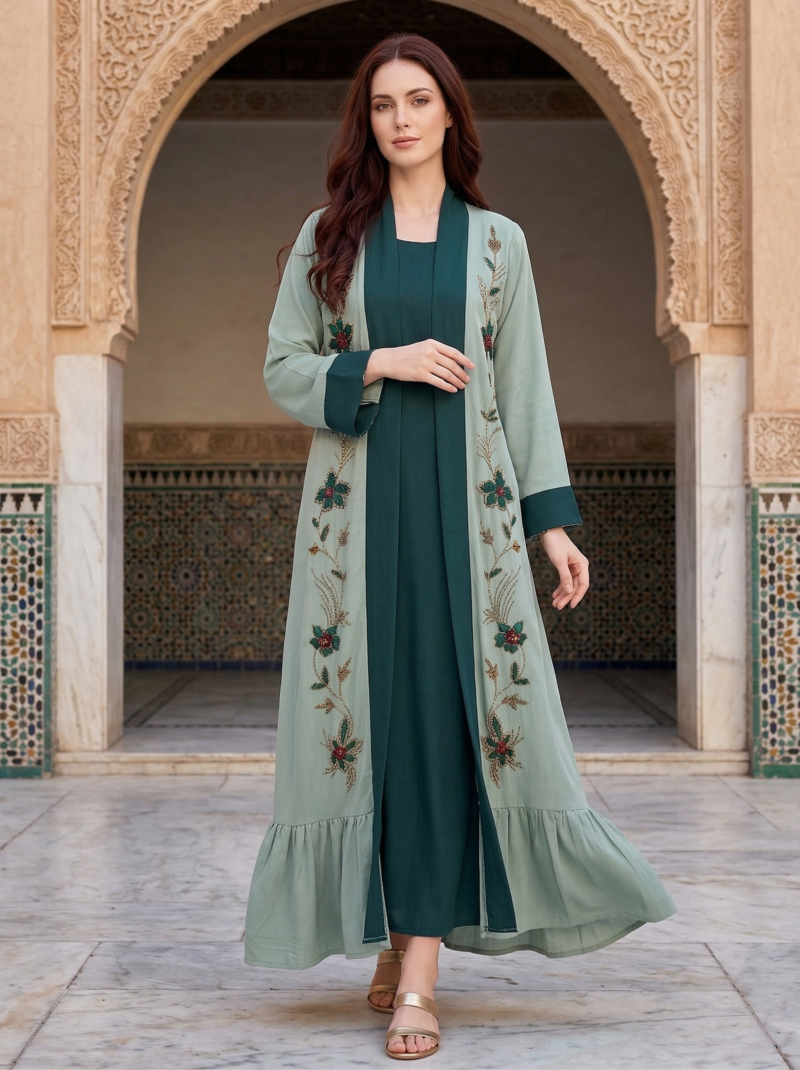 Mint & Emerald Hand-Embellished Overlay Jacket Set