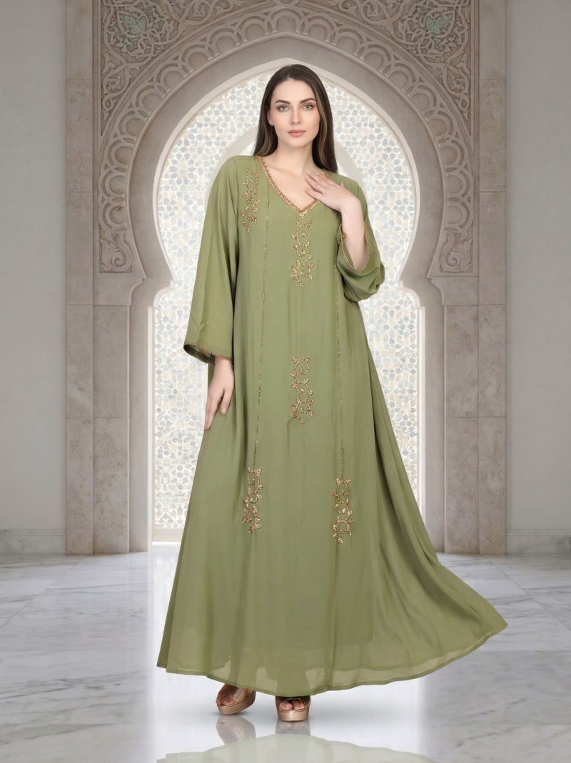 Olive Gold Embellished Flared Dress