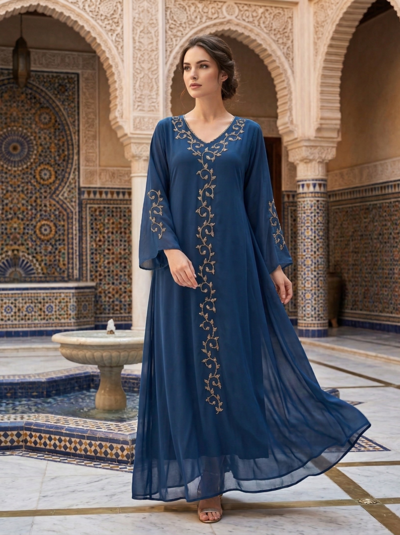 Navy Sheer Gold Vine Embellished Dress