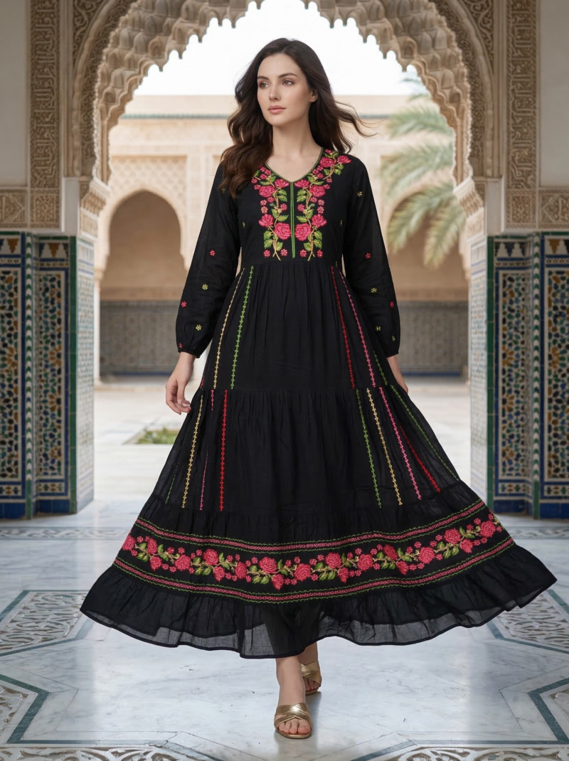 Midnight Black Rose Embroidered Maxi