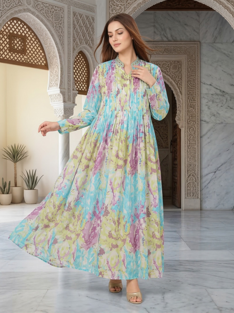 Pastel Watercolor Floral Pleated Dress