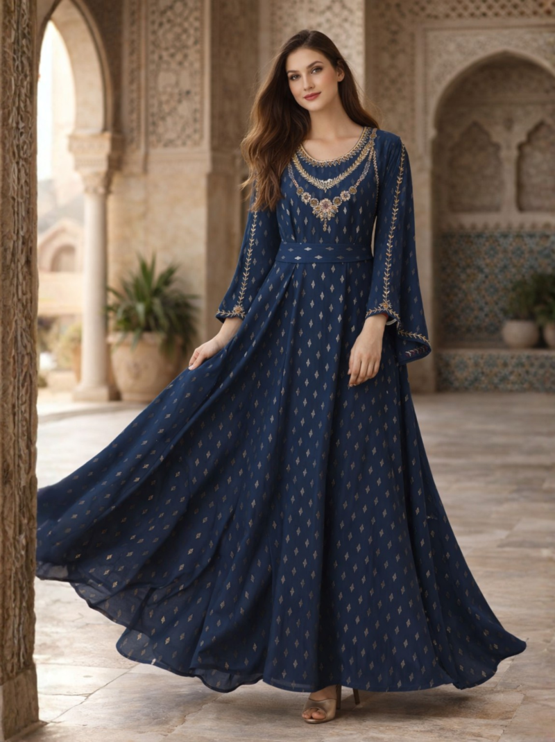 Midnight Blue Embellished Yoke Flared Dress