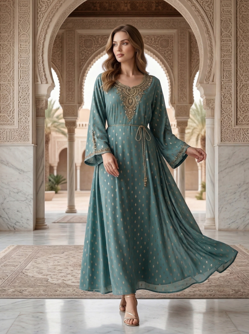 Teal Embellished Neckline Flared Dress