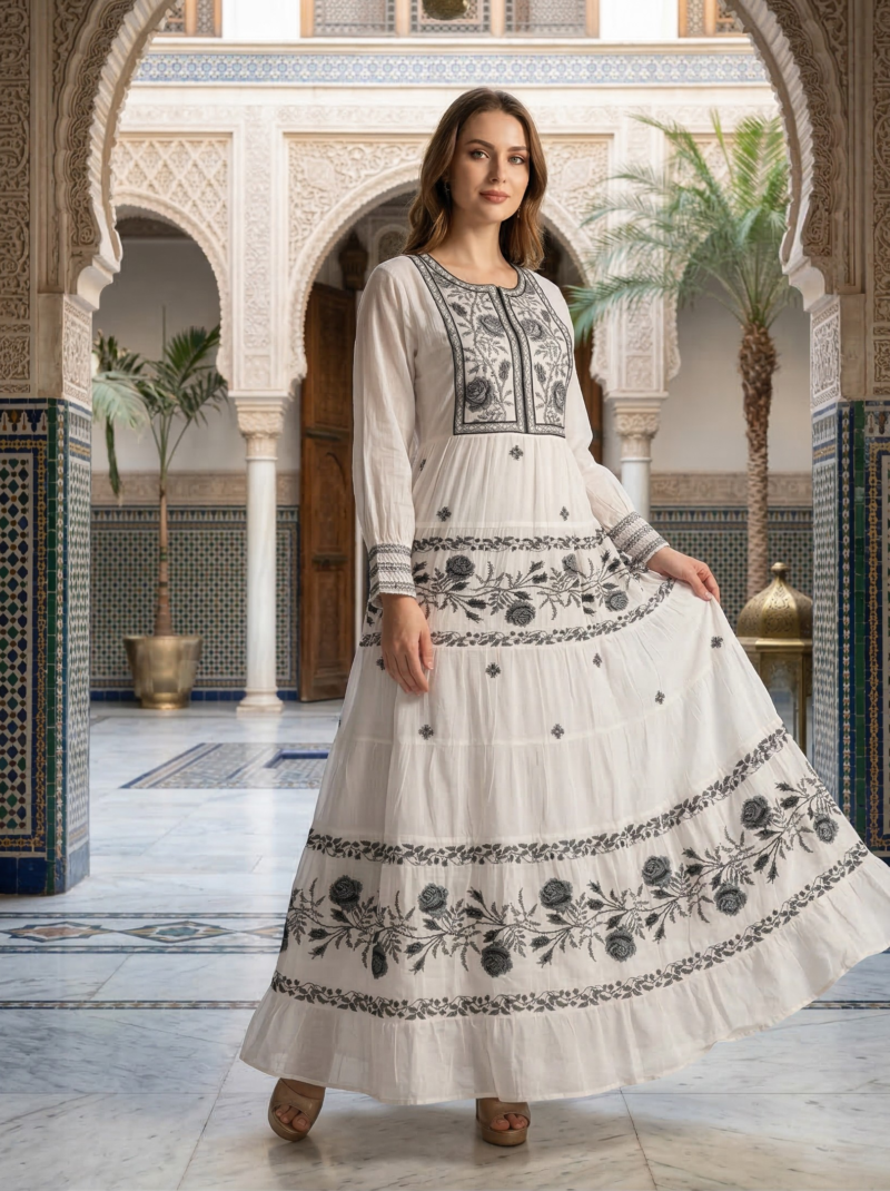 White & Charcoal Embroidered Tiered Dress