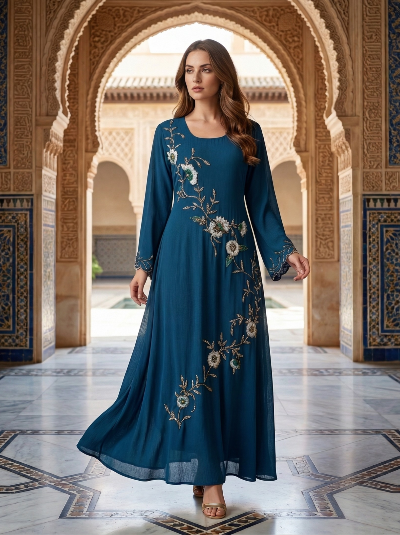 Sapphire Blue Trailing Floral Embellished Dress