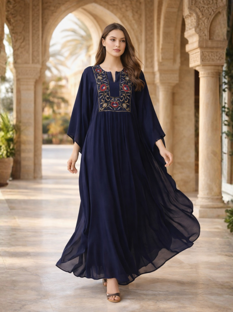 Navy Red-Floral Embellished Yoke Dress