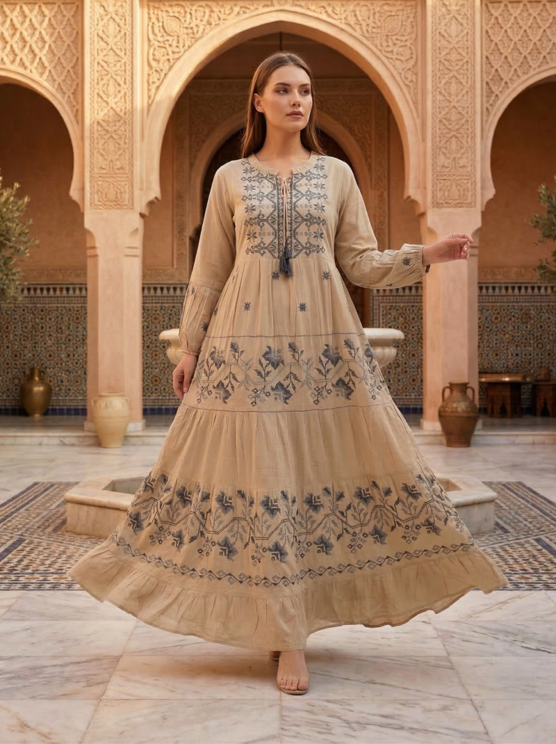 Beige Vintage Floral Embroidered Maxi