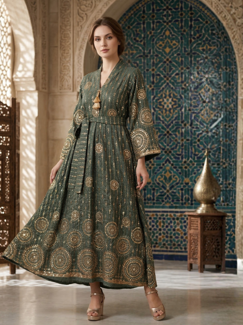 Olive Gold Medallion Embroidered Maxi