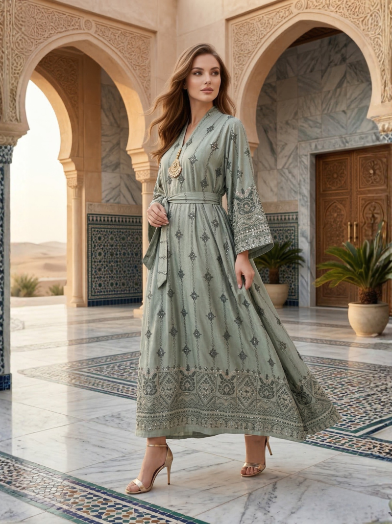 Sage Silver Embroidered A-Line Dress