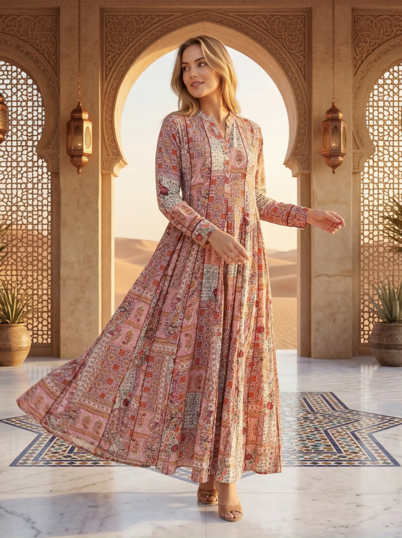 Warm Geometric Tile Print A-Line Dress