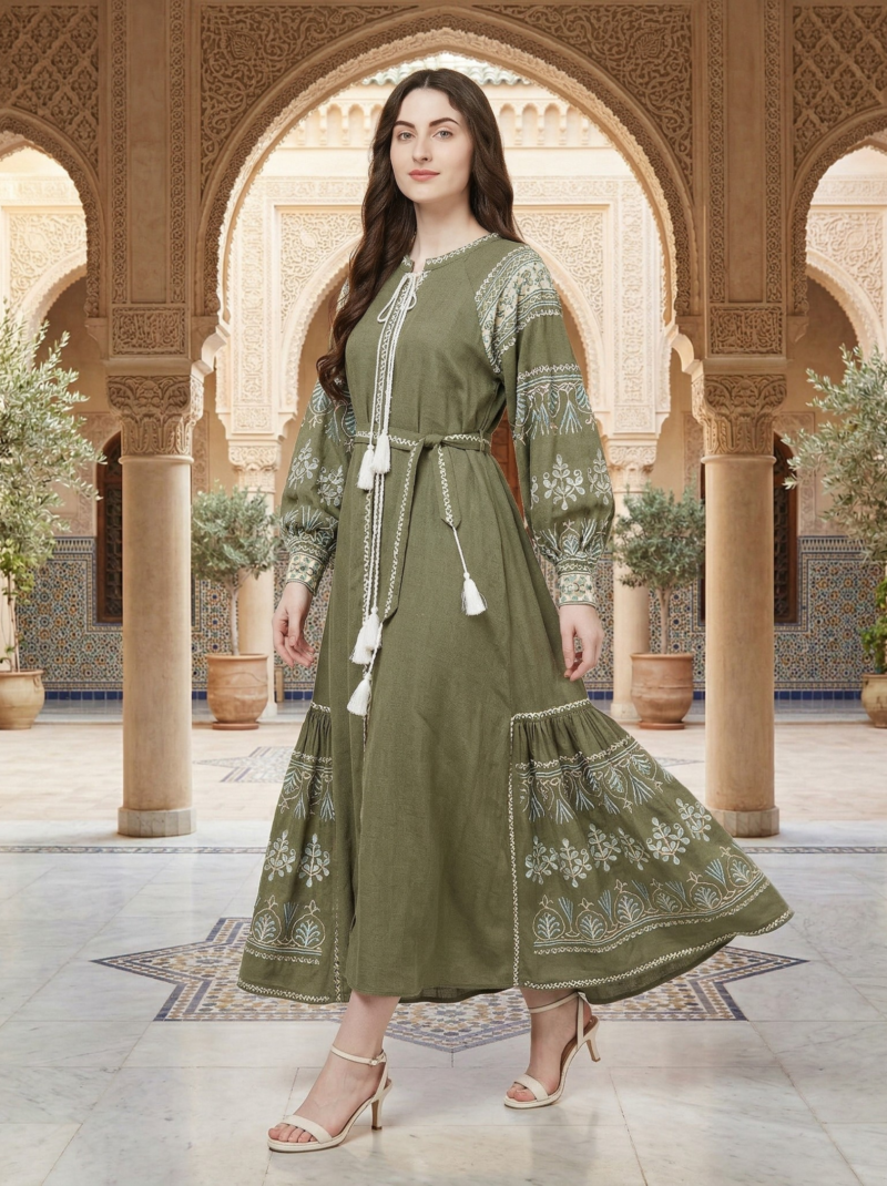 Olive Botanical Peasant Maxi