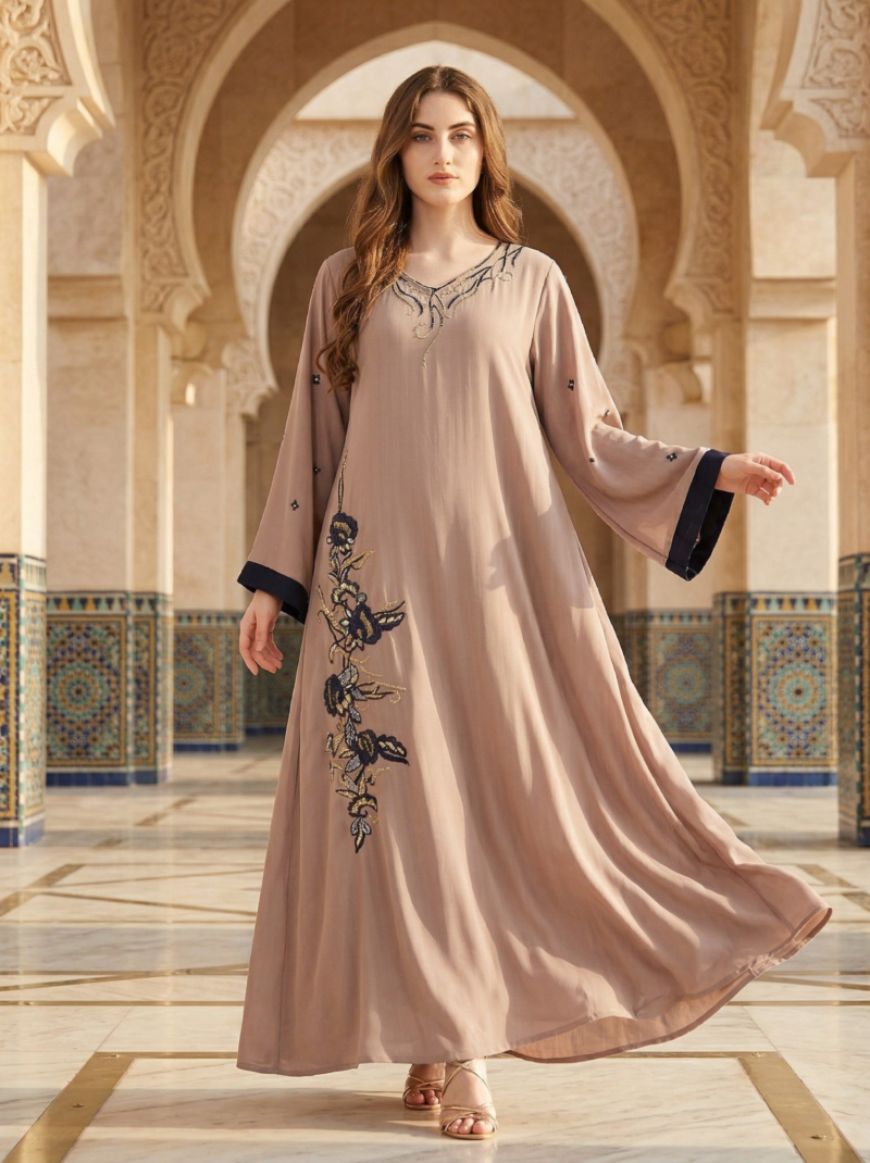 Taupe Asymmetrical Floral Embellished Dress