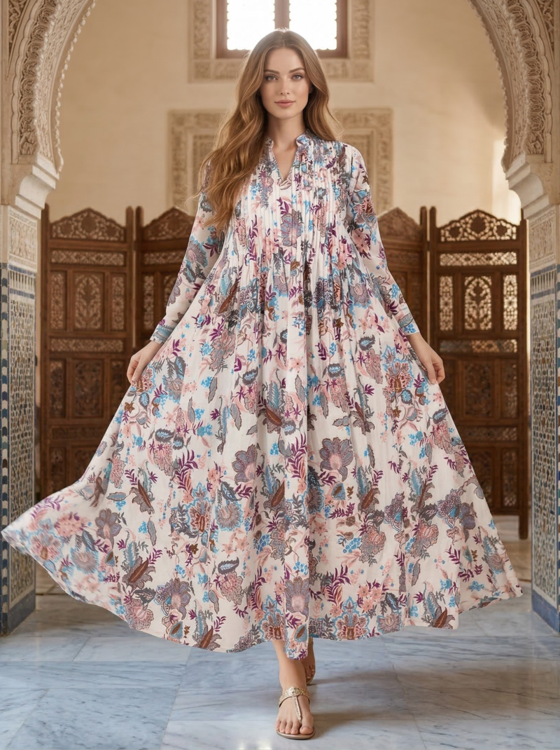 Lavender Botanical Print Gathered Maxi