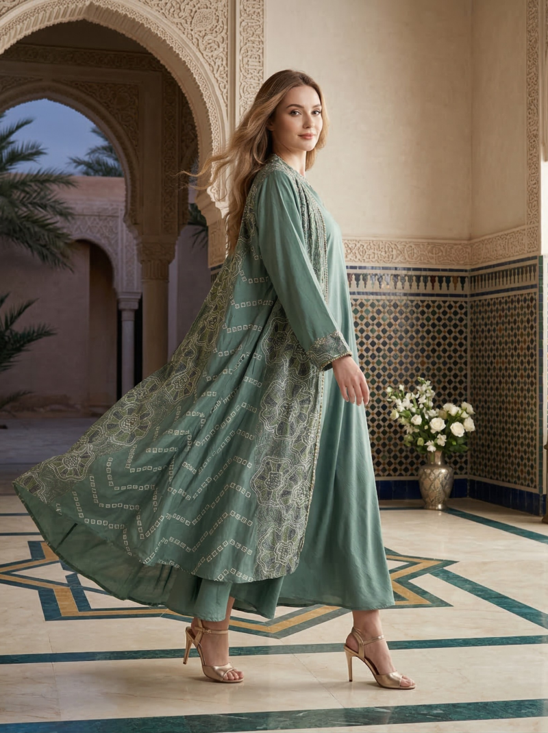 Sage Green Printed Overlay Jacket Set