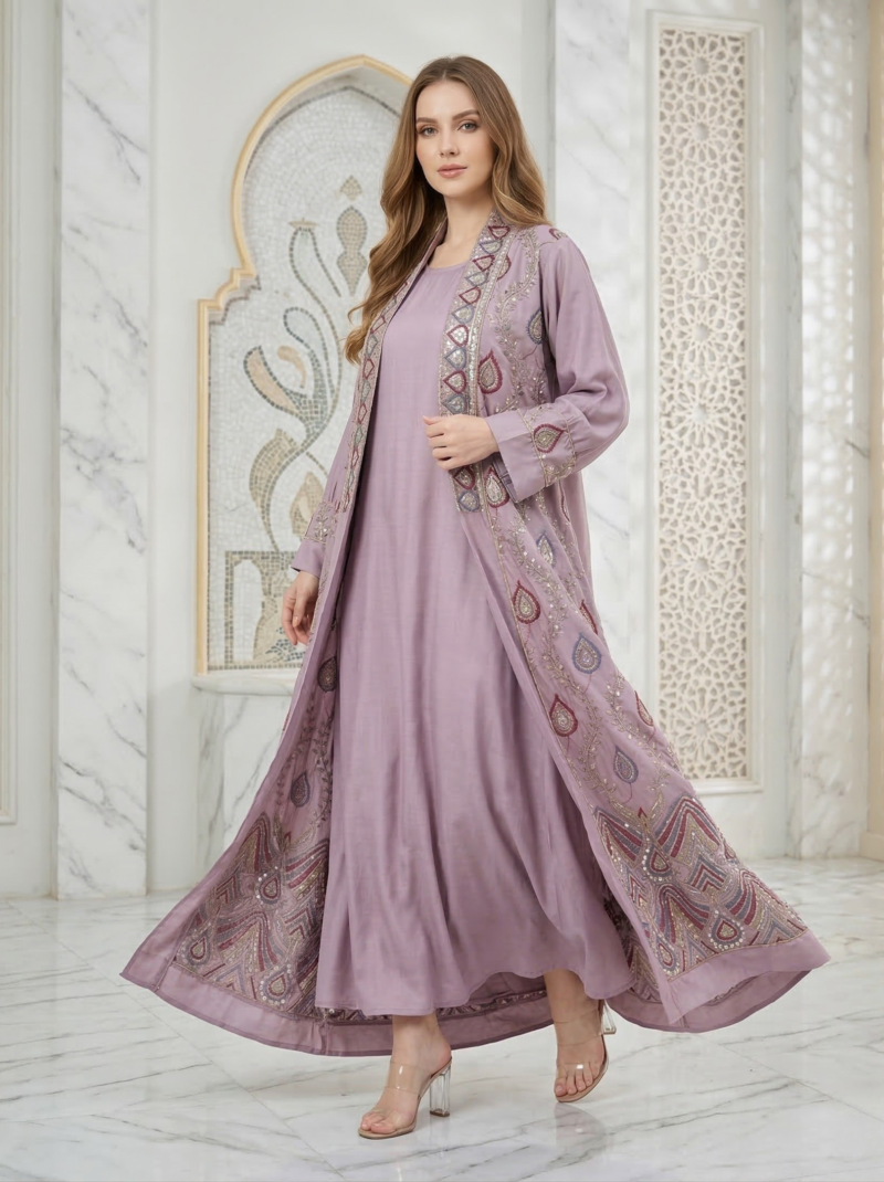 Dusty Lilac Embroidered Overlay Jacket Set