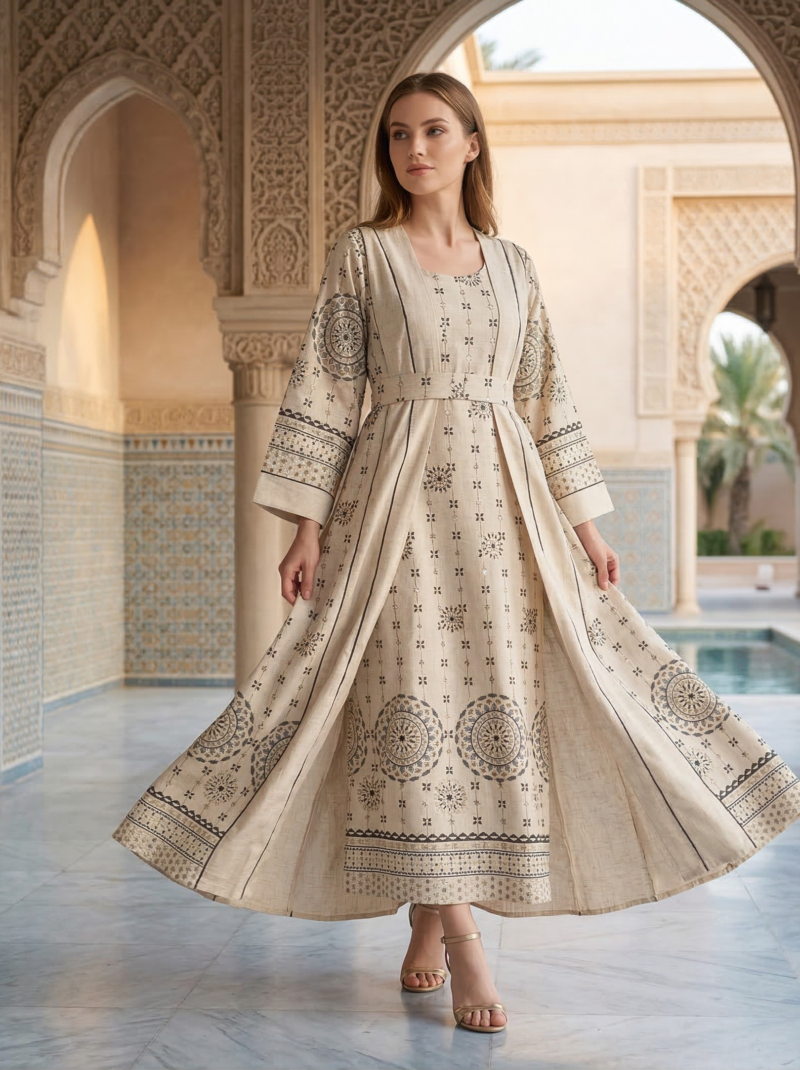 Natural Beige Mandala Print Overlay Jacket Dress